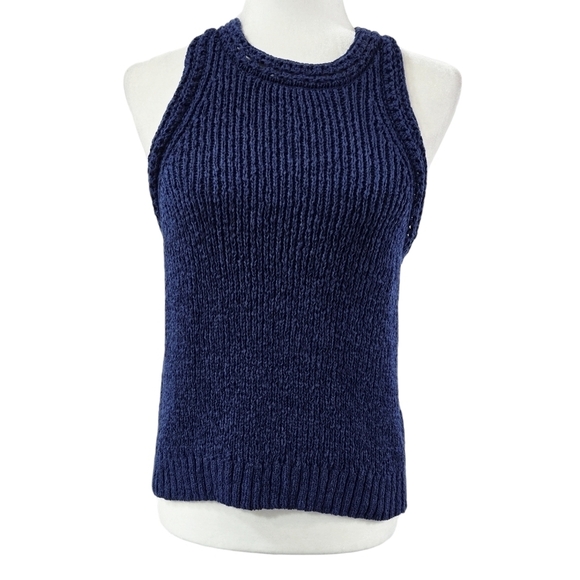 J. Crew Blue High Neck Textured Pointelle Sweater Tank Crochet Trim Boho BQ206 - Picture 1 of 9